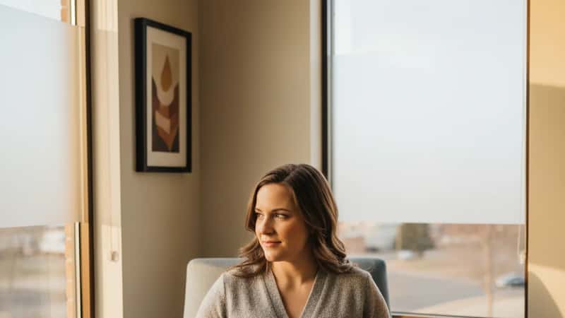 Woman using a breast pump in a private windowed room near her South Dakota workplace, warm natural light, frosted glass privacy