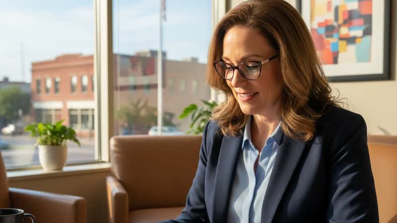 HR manager reviewing a PTO and sick leave policy binder in a South Dakota corporate office