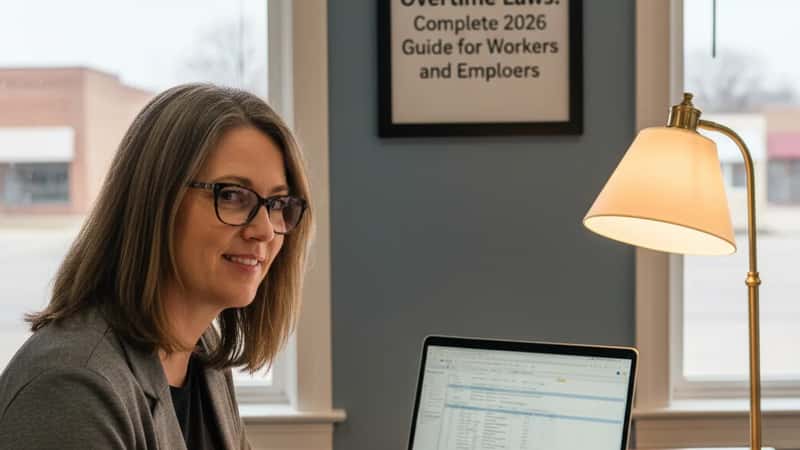 Payroll specialist reviewing employee time record spreadsheets at a South Dakota office desk, warm desk lamp, focused compliance review