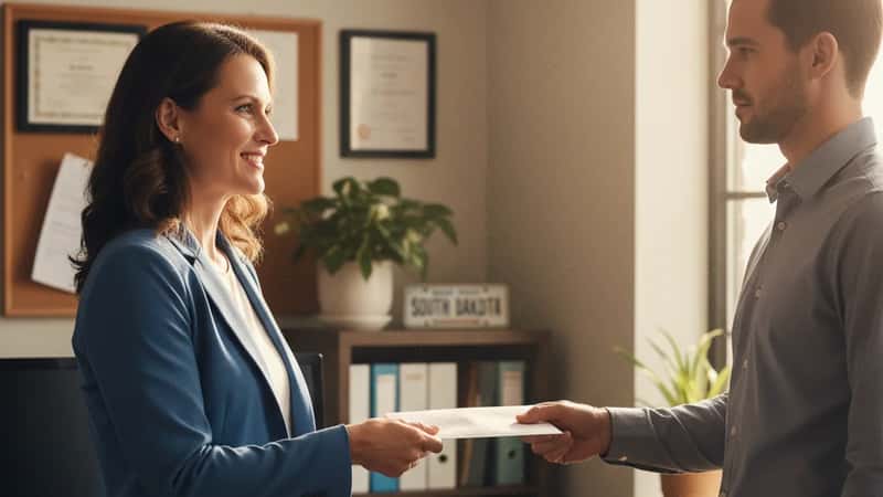 HR administrator handing a final paycheck envelope to a departing employee across a South Dakota office desk