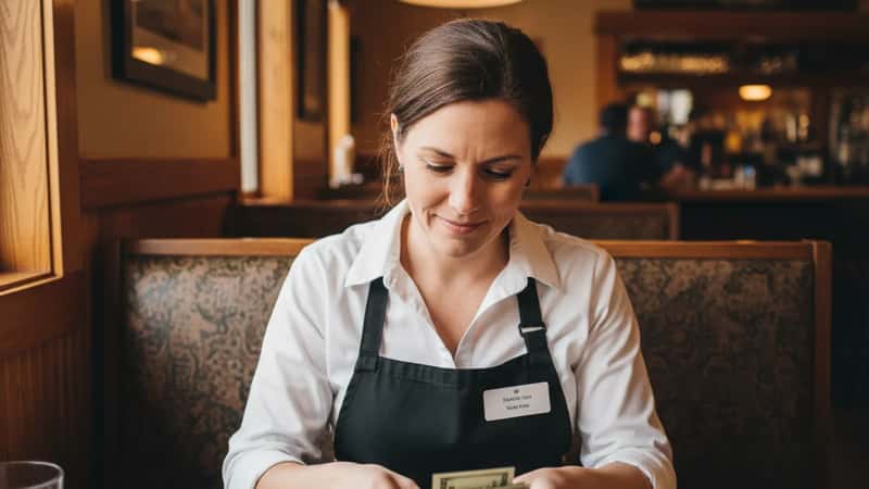 Server counting cash tips at end of shift in a South Dakota restaurant booth, evening lighting, receipt slips on table