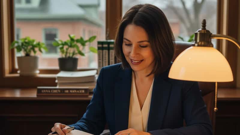 HR manager reviewing a Vermont employment policy binder at a Montpelier office desk under warm tungsten lamplight