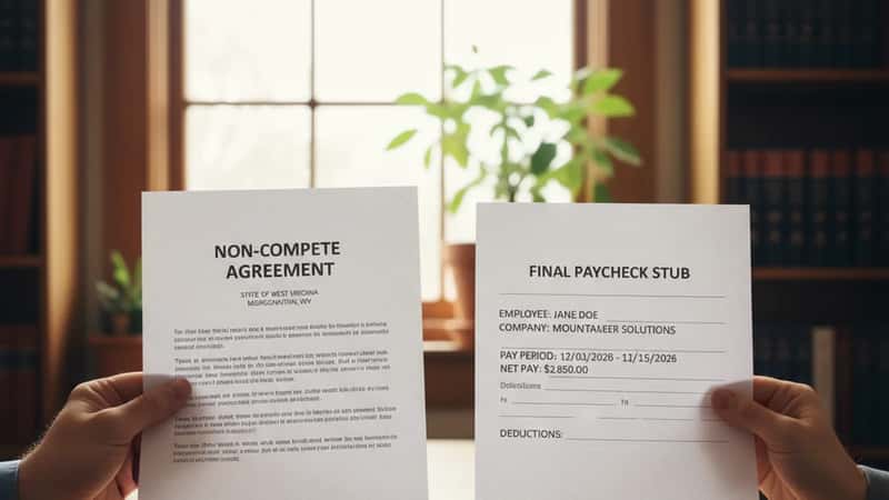 Close-up of hands holding a non-compete agreement and a final paycheck stub side by side on a wooden table in a Morgantown WV office