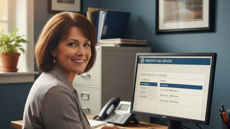 West Virginia state government employee reviewing sick leave balance on HR portal in a Kanawha County office