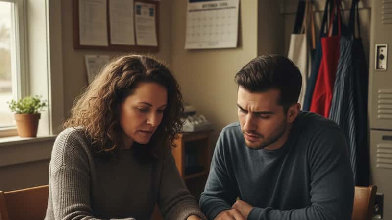 Employee comparing restaurant pay stubs and tip logs in a Huntington WV staff room to discover a minimum wage shortfall