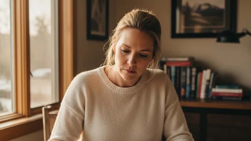 Wyoming employee reading a printed employment contract at home desk in Casper, warm afternoon side window light, coffee cup nearby