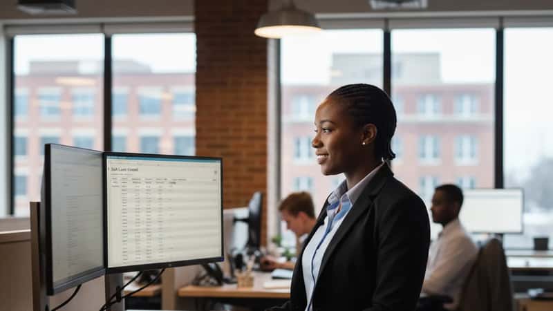 Black female HR manager reviewing sick leave accrual spreadsheet at standing desk in Omaha Nebraska open-plan office, dual monitors, pendant lighting