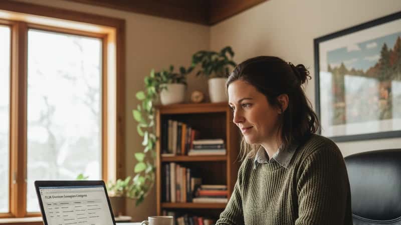 HR manager reviewing FLSA overtime exemption chart on a laptop at a Vermont home office, overcast daylight