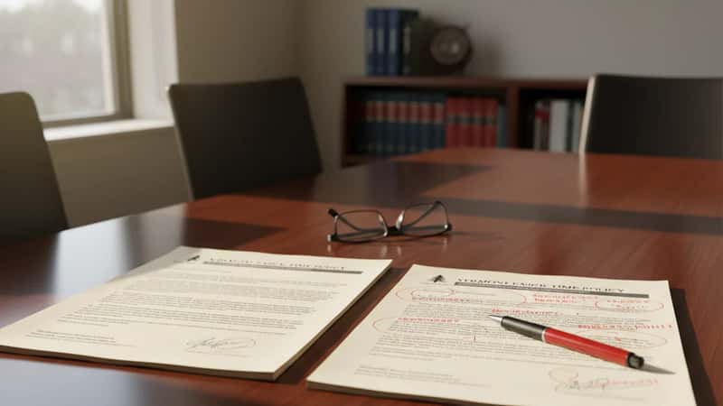 Two Vermont sick leave policy documents side by side on a conference table, one marked with red-pen corrections during a compliance audit