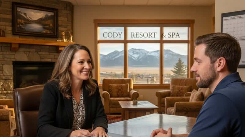 HR manager explaining FMLA leave paperwork to an employee at a Cody Wyoming resort HR office, fluorescent lighting