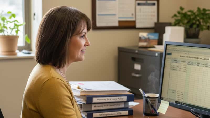 Wyoming state government employee reviewing sick leave accrual on computer screen at Cheyenne government office, policy documents on desk