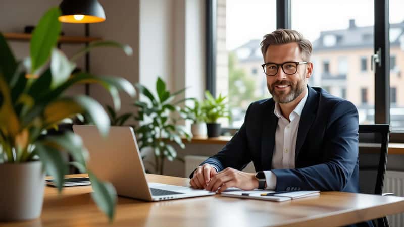 Svensk HR-chef granskar lönekriteriematris på laptop i modernt kontor i Göteborg