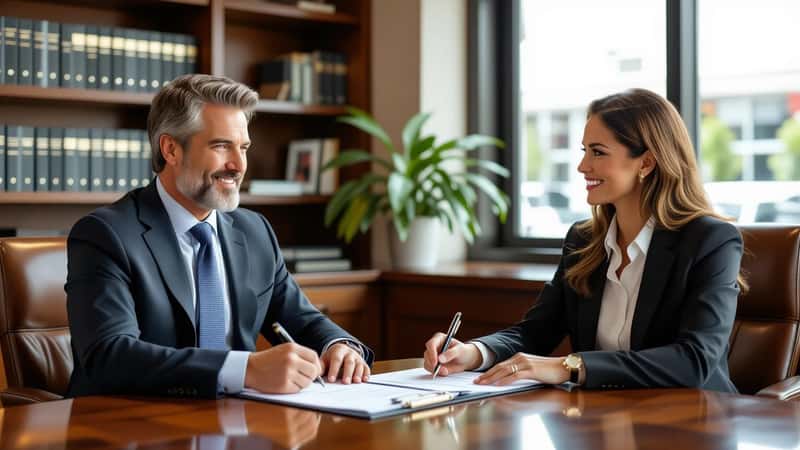 Professional reviewing employment contract with an attorney in a New Haven Connecticut law firm consultation room, comparing two versions of a non-compete document