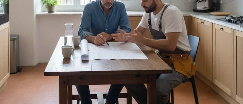 Proprietario di casa e idraulico che esaminano un preventivo scritto al tavolo della cucina