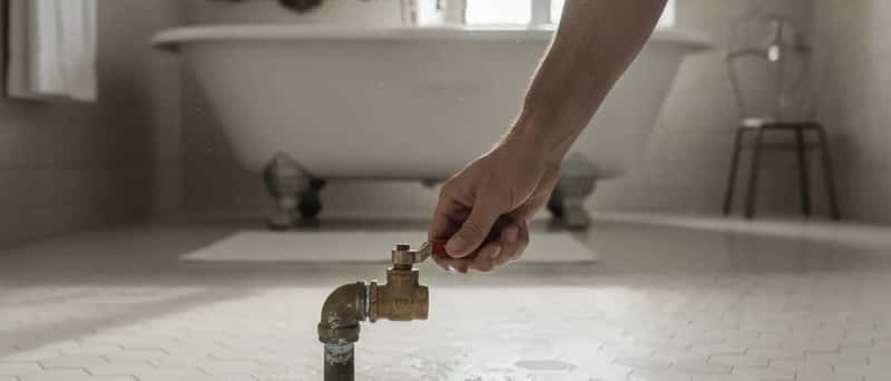 Mano che chiude il rubinetto generale dell'acqua durante un'emergenza idraulica in un bagno