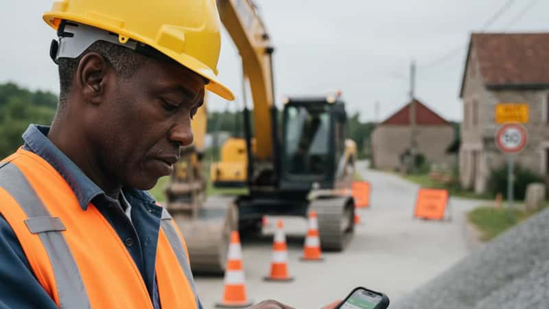 Vermont construction foreman checking work hours on a smartphone at a road construction site, outdoor open shade lighting