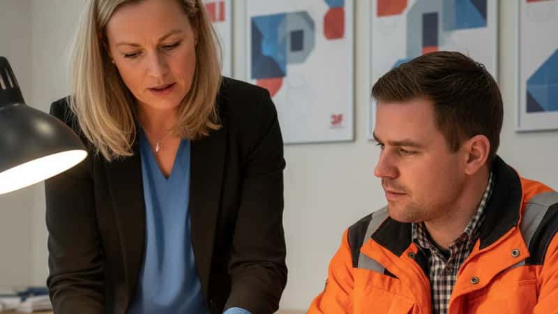 Faglig konsulent i et Vejle fagforeningskontor viser lønberegningsdokumenter til en mandlig transportarbejder under en rådgivningssession