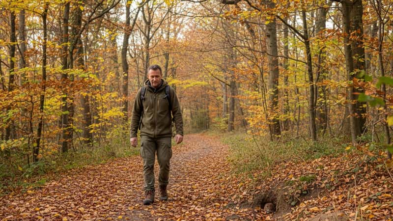Randonneur en forêt alsacienne près de Strasbourg
