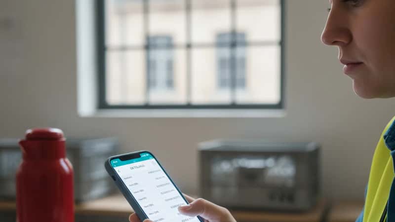 Lagerarbetare kontrollerar OB-ersättning och övertidsberäkning i löneapp på mobiltelefon i lagerpausutrymme