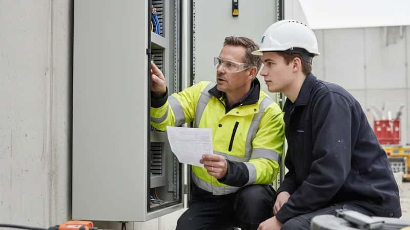 Dansk arbejdsgiver og elektriker lærling gennemgår lønseddel ved en elinstallationstavle på en byggeplads i Aarhus