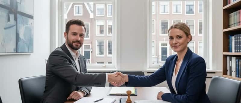 Notaris en advocaat overleggen aan een vergadertafel in een Nederlands juridisch kantoor