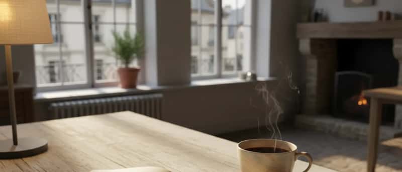 Stærðfræðidæmi í glósubók á viðarborði með blýanti og kaffibolli — hlý námsandríki