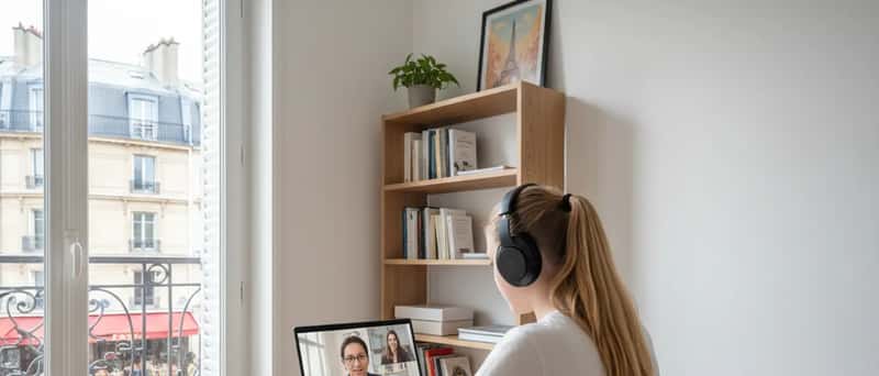 Íslenskur unglingur með heyrnartól nemur á fartölvu með kennara í fjarkennslu