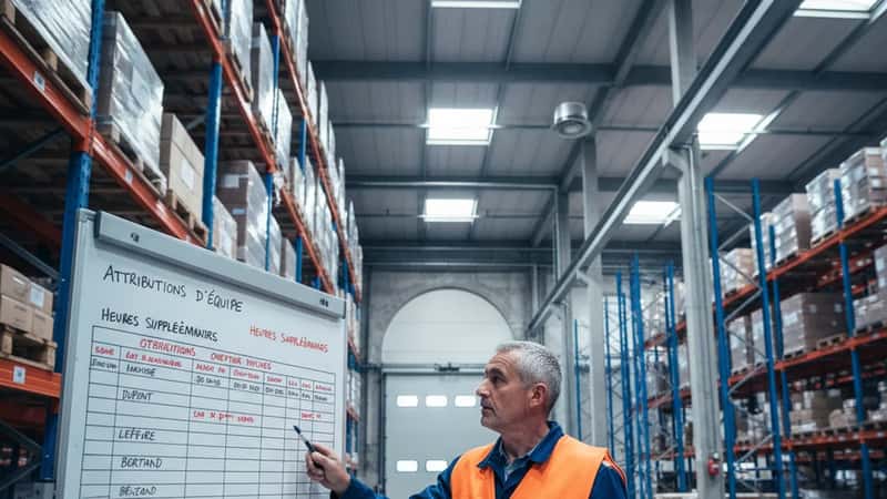 agerchef pekar på logistiktavla med övertidstimmar i en distributionscentral nära stockholm