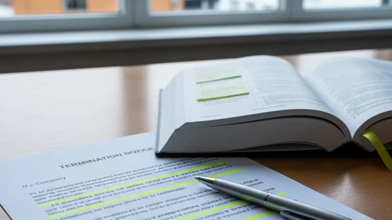 Oppsigelsesvarsel fra IT-bedrift med fremhevede paragrafer og Norsk Arbeidsmiljølov ved siden, Bergen