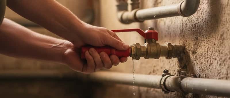 Mani che chiudono una valvola dell'acqua rossa in un vano contatori di un appartamento italiano