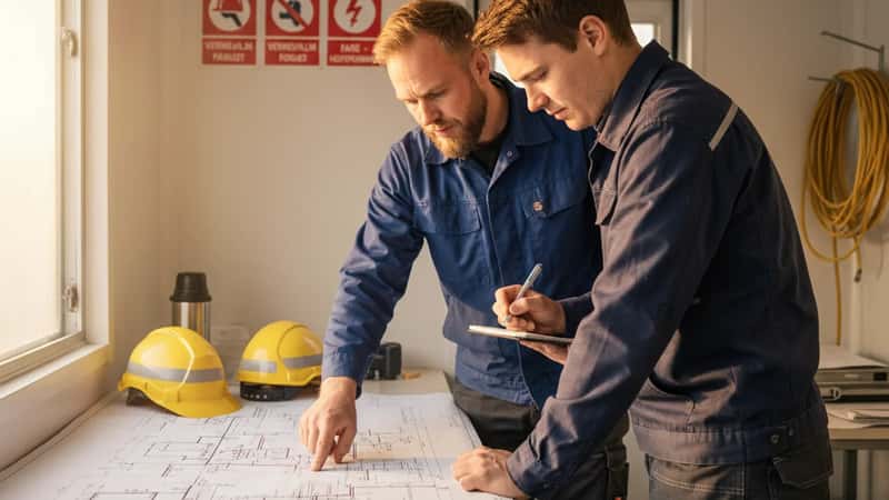 Elektrikere i Trondheim gjennomgår tekniske installasjonstegninger i et prosjektkontor, en peker på et spesifikt kretselement