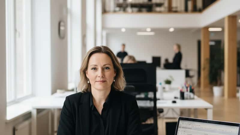 HR-spesialist i Trondheim-kontor gjennomgår LOK tariffavtale med laptop og dokumenter