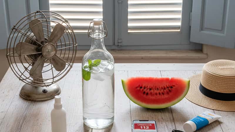 Kit anti-canicule posé sur une table française : brumisateur, bouteille d'eau, pastèque, ventilateur, chapeau de paille et thermomètre