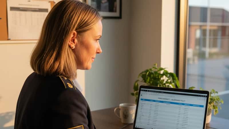 HR-leder ved politiet i Silkeborg kontrollerer ferieoptjeningstabel på bærbar computer