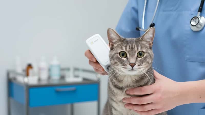 Vétérinaire scannant le cou d'un chat gris avec un lecteur RFID lors d'une consultation dans une clinique vétérinaire à Bordeaux