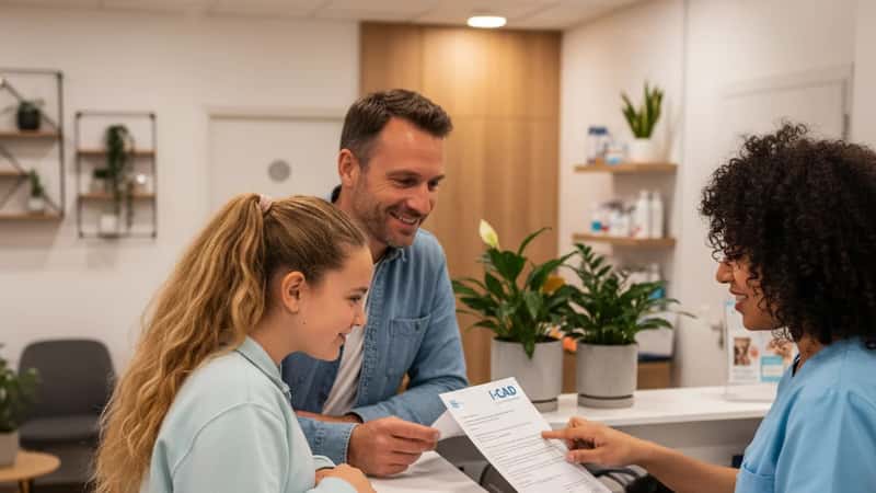 Propriétaire français et sa fille consultant le certificat d'identification I-CAD avec une réceptionniste dans une clinique vétérinaire à Lyon