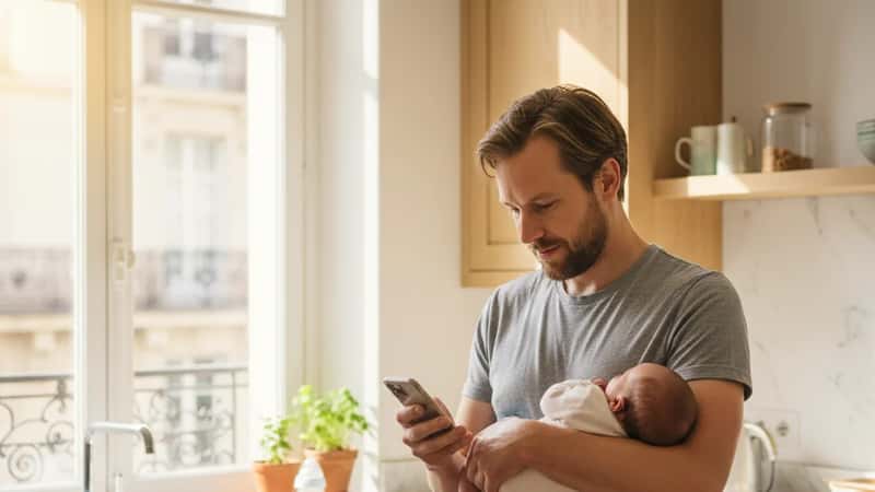 Svensk pappa hemma på morgonen med nyfödd, mobiltelefon i handen, soligt Göteborgskök