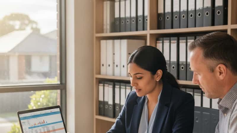 South Asian-Australian tax agent reviewing financial documents with a small business client in a suburban Sydney accounting office