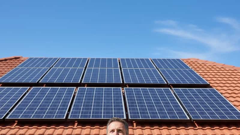 Australian homeowner looking up at newly installed solar panels on a terracotta-tiled suburban roof in bright midday sun