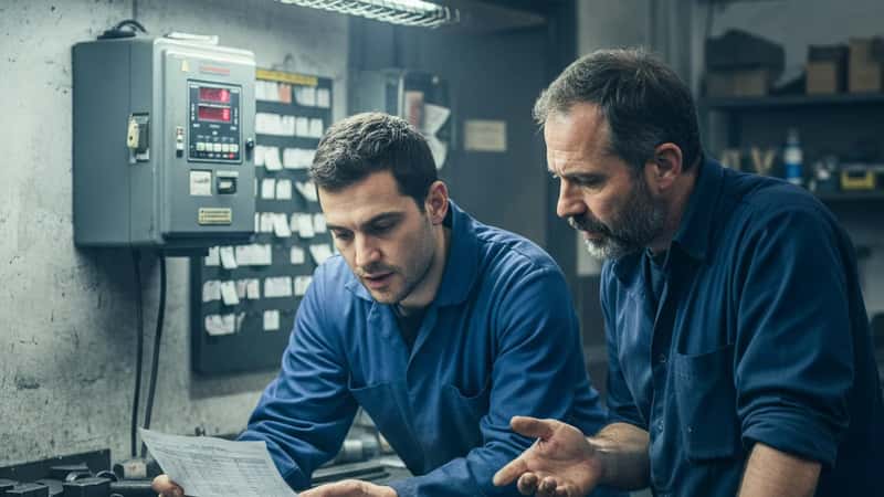 Lavoratore metalmeccanico a Milano mostra il registro delle ore straordinarie al suo supervisore in officina