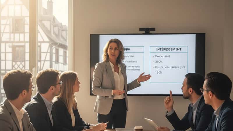 Directrice RH d'une PME de Strasbourg présentant un comparatif PPV/intéressement sur écran à ses salariés lors d'une réunion, documents sur la table, lumière d'après-midi