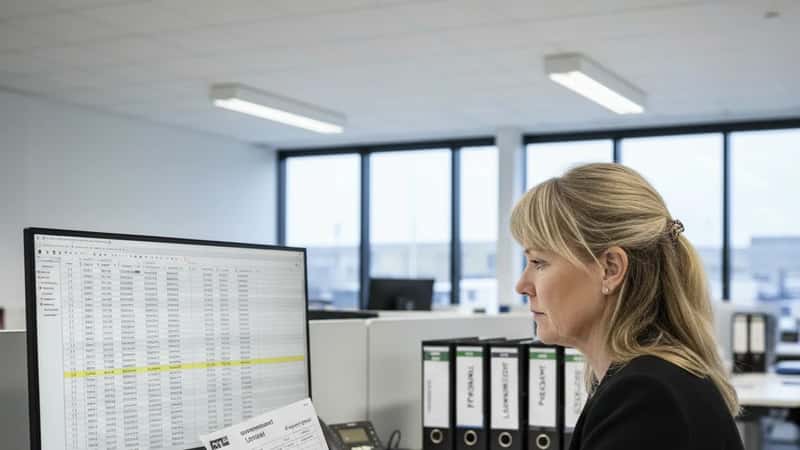 HR-koordinator i Vejle kontrollerer lønberegning mod ATL-overenskomstens løntabel på computerskærm