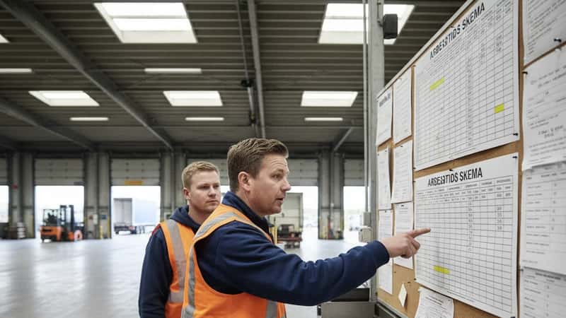 Chauffør i Randers distributionscenter peger på vagtplanskema på opslagstavle