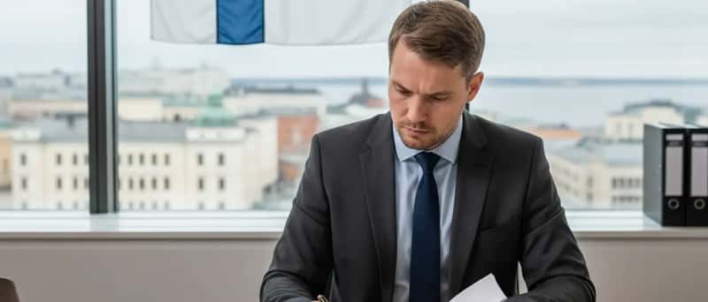 Suomalainen asianajaja tarkastelee sopimuspapereja työpöydällään Helsingissä