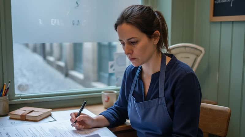 Vendeuse en poissonnerie consultant un contrat de travail dans l'arrière-boutique d'une poissonnerie à Nantes