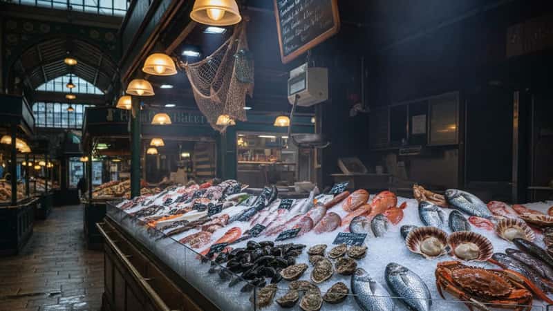 Étal de poissonnerie traditionnelle dans un marché couvert parisien au petit matin, poissons et coquillages sur lit de glace pilée