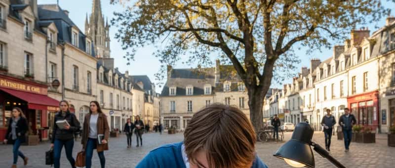 Mains d'un élève écrivant des équations mathématiques sur du papier millimétré sous une lampe de bureau