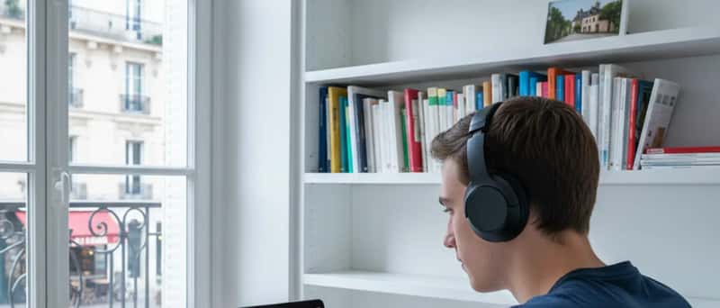Adolescent suisse suivant un cours particulier en ligne avec un casque audio devant son ordinateur portable
