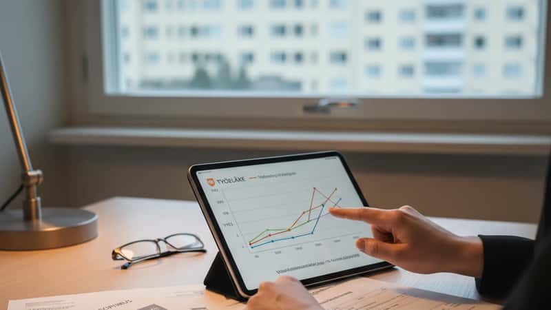 Kuopiolaisessa kotitoimistossa suomalainen pankkianalyytikko tarkastelee eläkekertymägraafia tabletilta TyEL-asiakirjojen ääressä