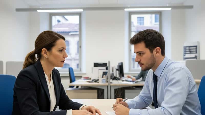 Responsabile di filiale bancaria a Genova spiega le regole sullo straordinario a un dipendente, con il CCNL Credito aperto sul tavolo